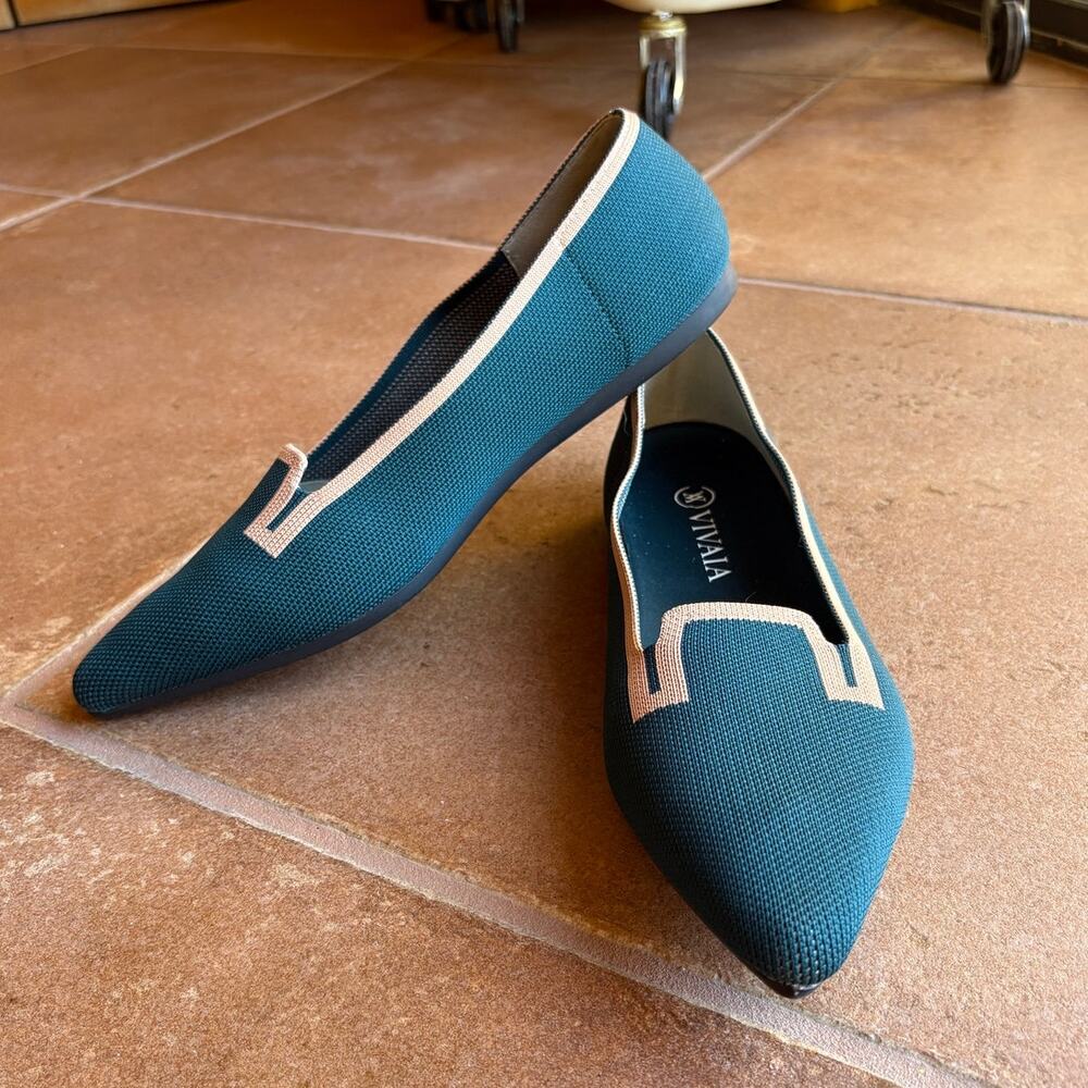 Vivaia Teal Soft Knit Pointy Toe Flats with Peachy Beige Trim size EU 41/US 9.5 - Picture 14 of 14